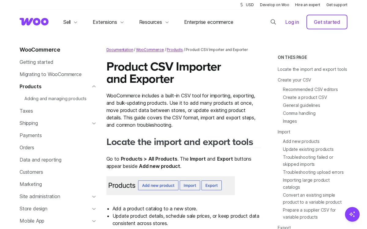 WooCommerce docs page on exporting products to CSV, Oct 2026