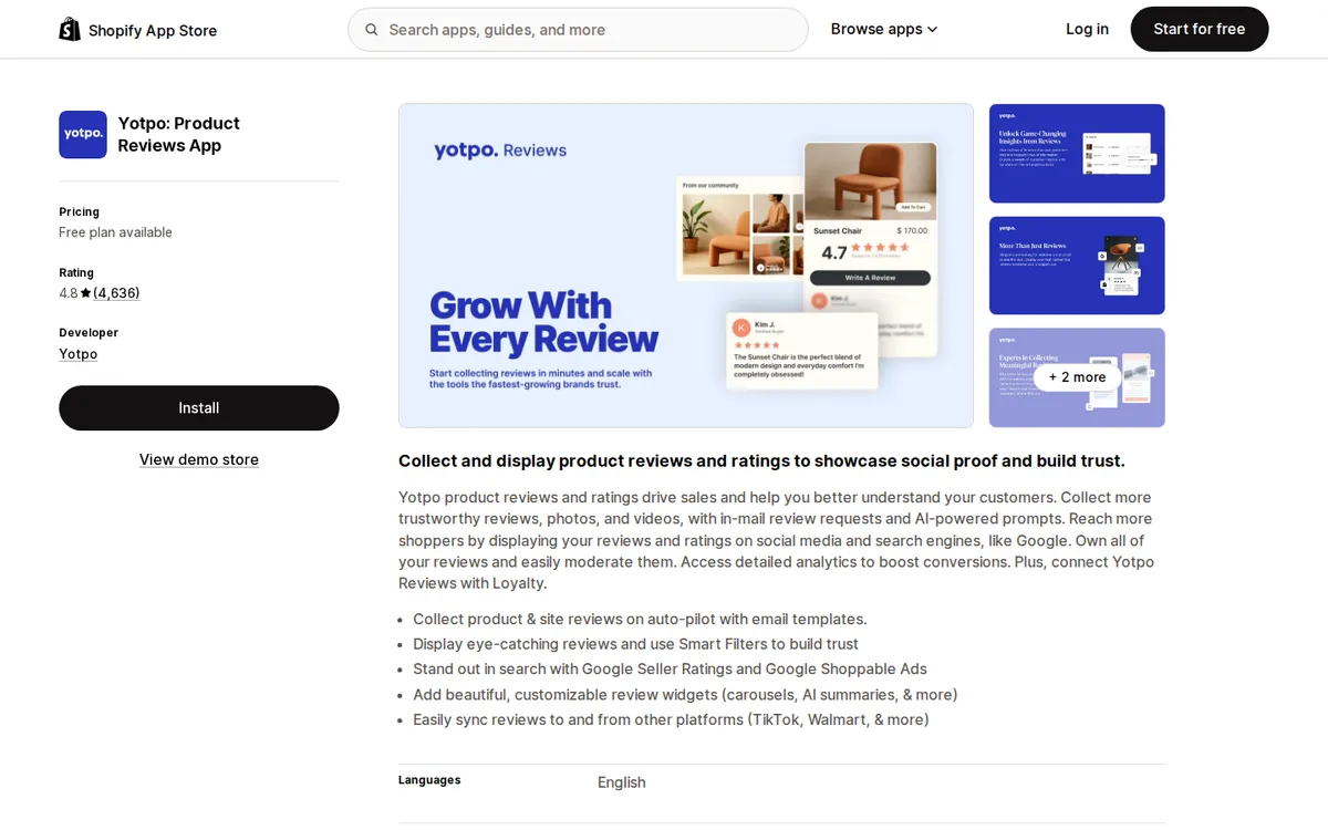 Yotpo listing on the Shopify App Store with rating
